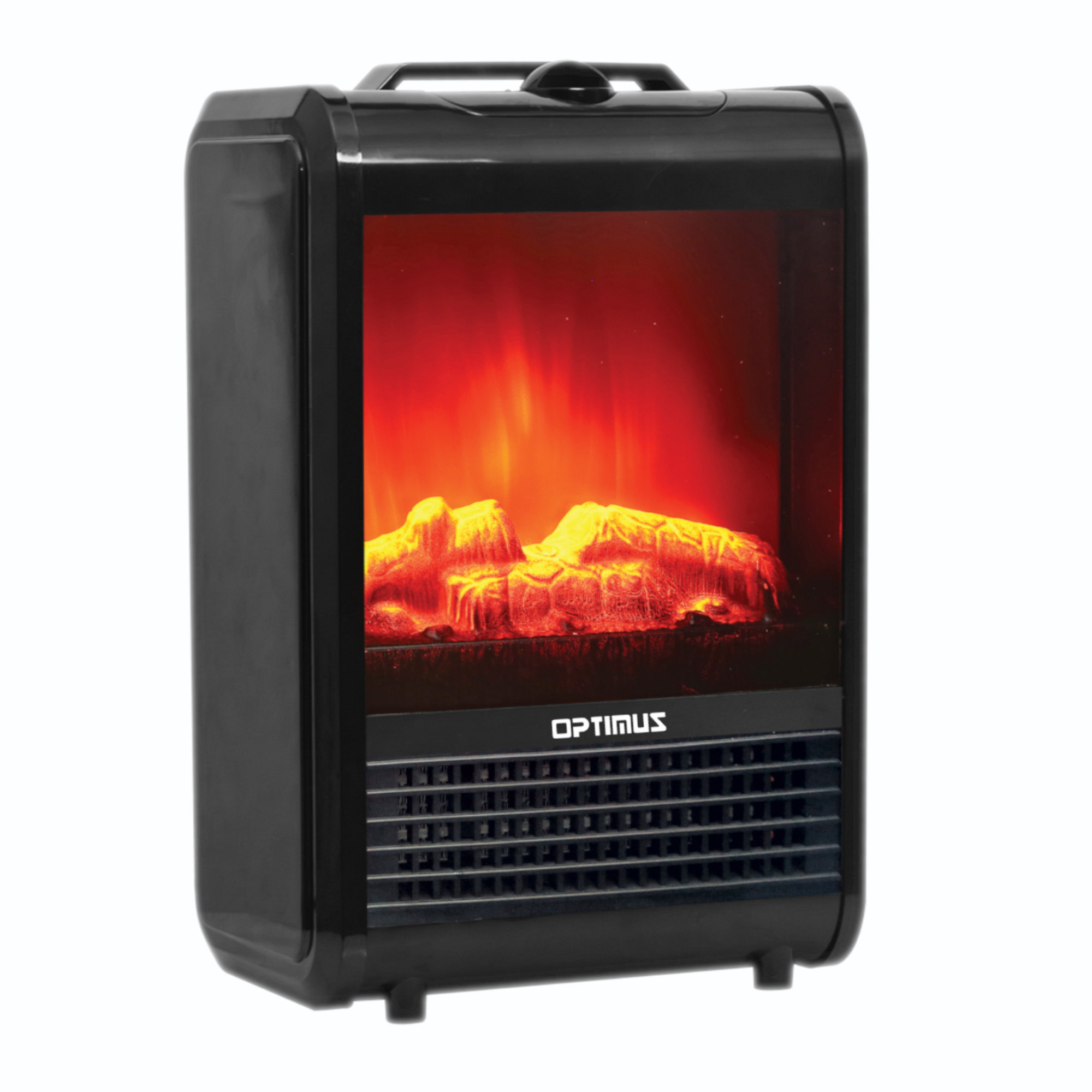 Optimus 1200W Electric Mini Fireplace Heater — Flame Effect, Cast Iron Finish, Overheat Protection, Black, Model# H-9300BK